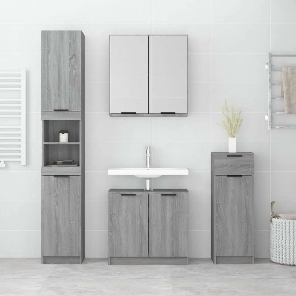 vidaXL 4-delige Badkamermeubelset bewerkt hout grijs sonoma eikenkleur, foto 3