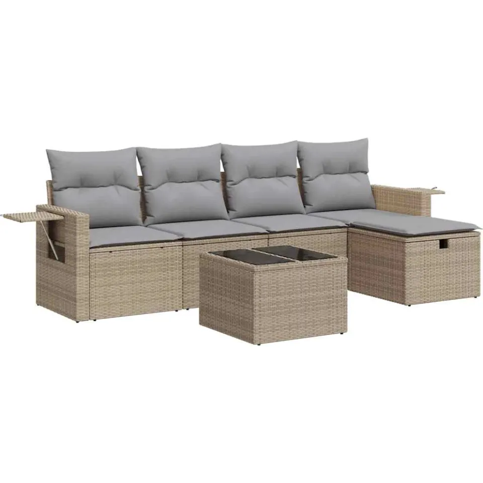 vidaXL 6-delige Loungeset met kussens poly rattan beige, foto 3