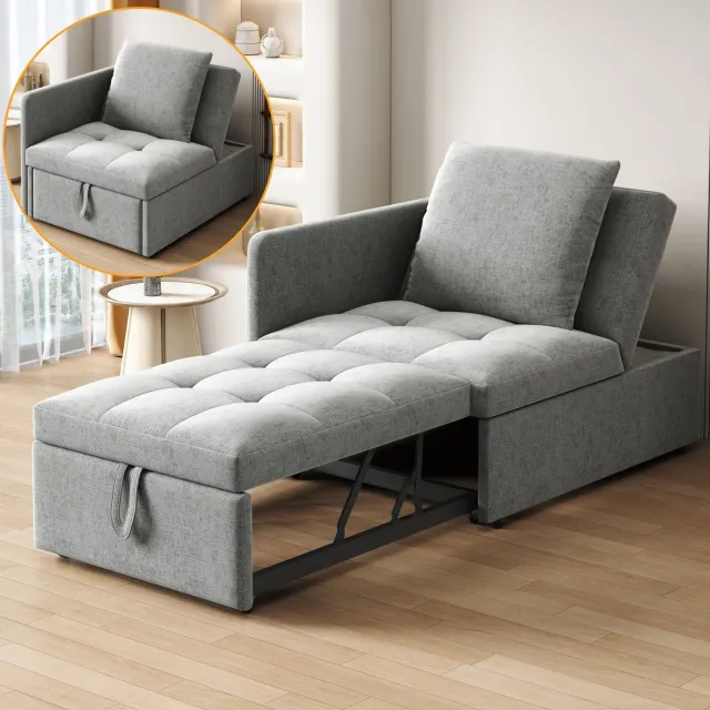 MODENUIT Slaapbank 177 x 68 x 65 cm - 3-in-1 Met Verstelbare Rugleuning - Voor Kleine Ruimtes - Linnen Grijs