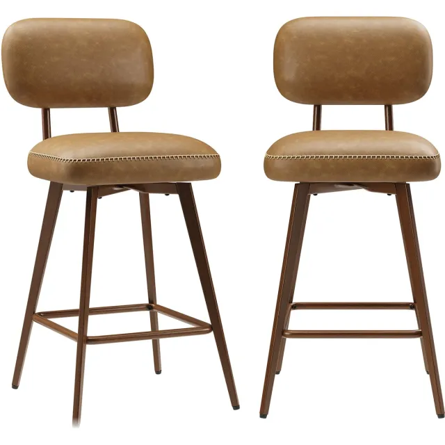 COLAMY Set van 2 draaibare barkrukken van PU-kunstleer - toonbankhoogte - modern midden-eeuws design - met lage rugleuning en metalen onderstel - geschikt voor keukeneilanden - kleur bruin