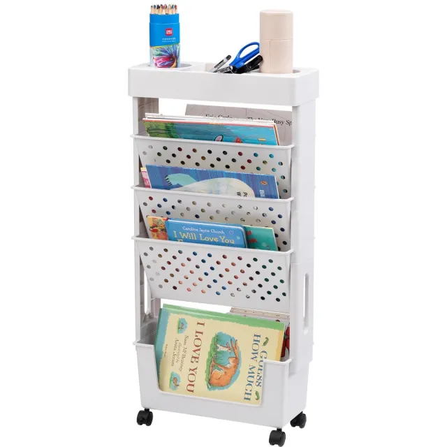 Famanu Mobiele boekenplank met wielen, kleine rollende boekenkast, opbergtrolley met 5 lagen, verplaatsbare boekenplank voor woonkamer en kantoor, wit