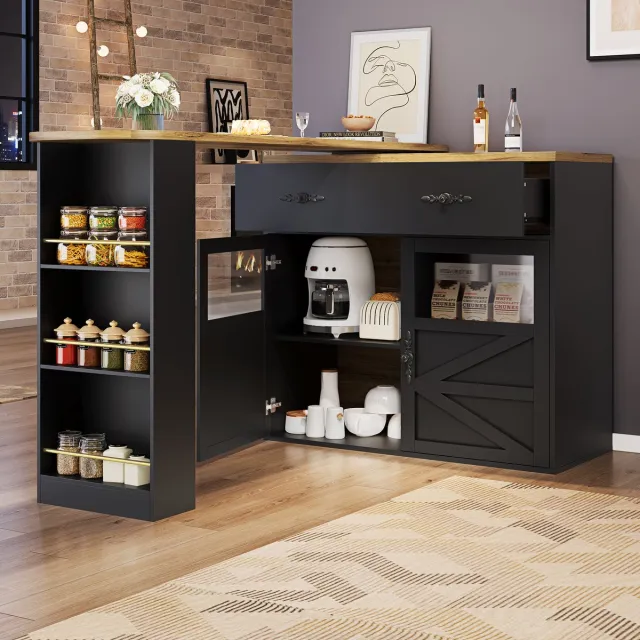 STILVORA Bartafel - Uittrekbaar 360° Draaibaar Met Lade En 3-Laags Rek - Voor Eetkamer, Bar En Thuiswerk - MDF - 138-204x39x104 cm - Zwart