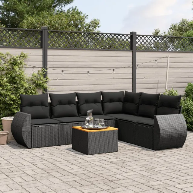 vidaXL 7-delige Loungeset met kussens poly rattan zwart, foto 2