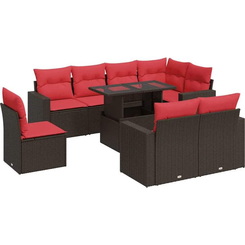 vidaXL 9-delige Loungeset met kussens poly rattan acacia bruin, foto 3