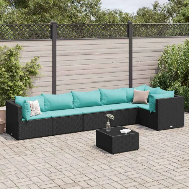 vidaXL 7-delige Loungeset met kussens poly rattan zwart, foto 2