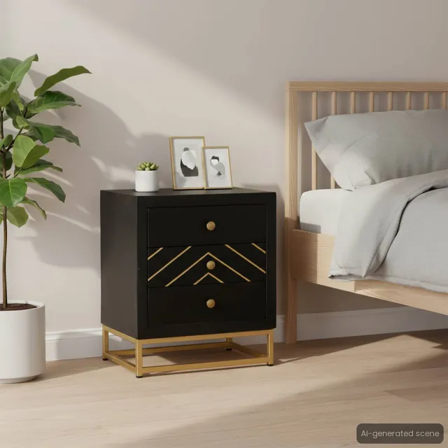 vidaXL Nachtkastje 40x30x50 cm massief mangohout zwart en goudkleurig, foto 2