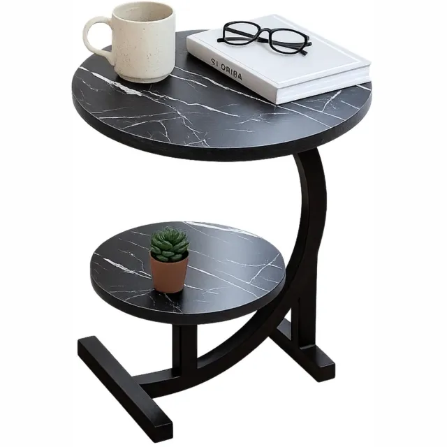 Lomera Zwart Gemarmerd Blad - Dubbel Tafelblad - Bijzettafel Zwart - Sidetable Metaal - Mdf Hout - Marmerlook Bijzettafel - Zwart Metalen Frame - Ronde Bijzettafel - Zwart Marmerlook - Moderne Bijzettafel - Luxe Design nvt