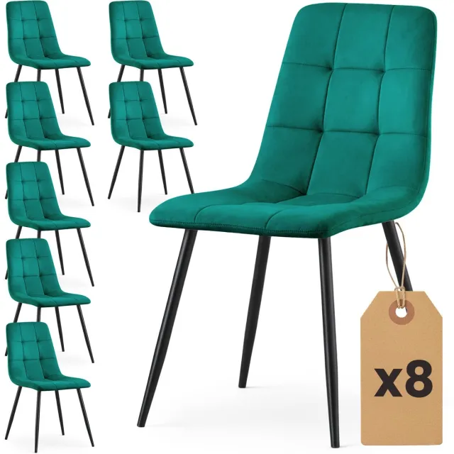 Akord Set van 8 Eetkamerstoelen NERO / Gestoffeerde Stoelen / Fluwelen Stoelen en Metalen Poten / Flesgroen met zwarte benen