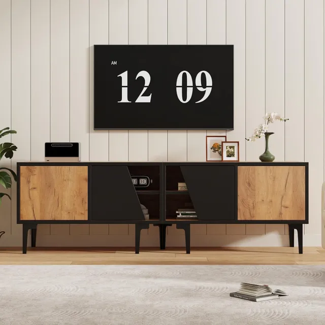 KOMHTOM BLACKCOLORS TV-meubel 160 x 36,5 x 45 cm voor de woonkamer met 4 vakken, laag meubel met 7 steunpoten, woonkamermeubel met modern en minimalistisch design, geschikt voor 65 inch tv's, kleur naturel hout Natuurlijk