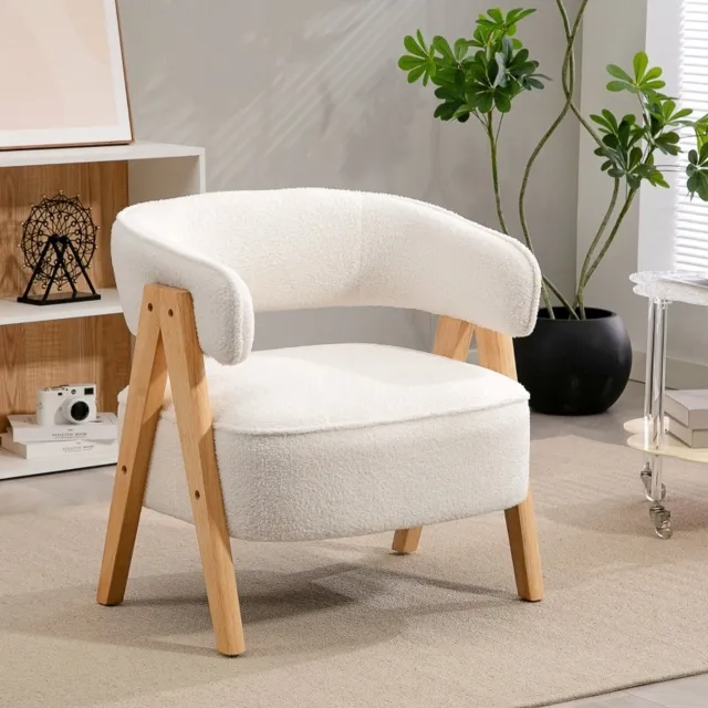HAUSS SPOLE Fauteuil met Armleuningen - Gebogen Rugleuning en Gevoerde Zitting - Voor Woonkamer en Werkkamer - Fleecestof, Metaal en Hout - Wit