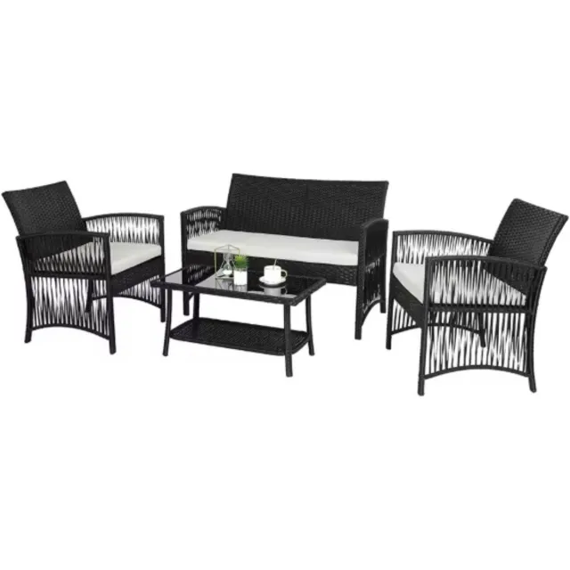 Happiq Rotan Tuinmeubelen Set Fioren - Voor Buiten en Balkon - 4 Stuks - Rotan Patio Meubelen - Weven Rieten Sofa Set met Kussens en Glazen Tafel - Zwart