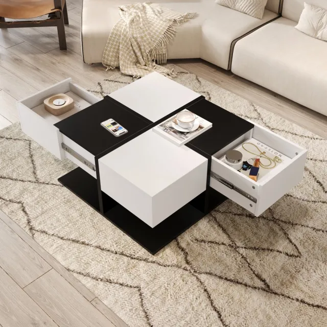MODENUIT Salontafel - Vierkant Met 2 Laden En Opbergruimte - Voor Woonkamer - Spaanplaat Zwart Wit - 70x70x35,5 Cm