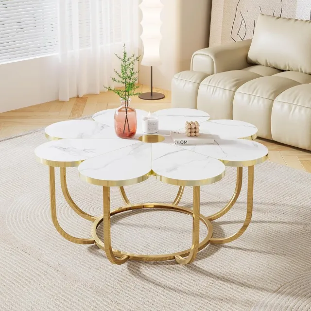Tribesigns Salontafel - Bijzettafel Goud - 100 x 100 x 50 cm - Moderne Salontafel in de Vorm Van Een Bloem - met Een Tafelblad van Imitatiemarmer - Salon Tafel - Wandtafel - Koffietafel Goud / Wit