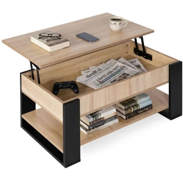 kenz Salontafel met Opbergruimte – In Hoogte Verstelbaar - 45 tot 59,5 cm – Tot 100 kg – Multifunctionele Tafel – Voor Werken, Eten & Ontspannen Bruin