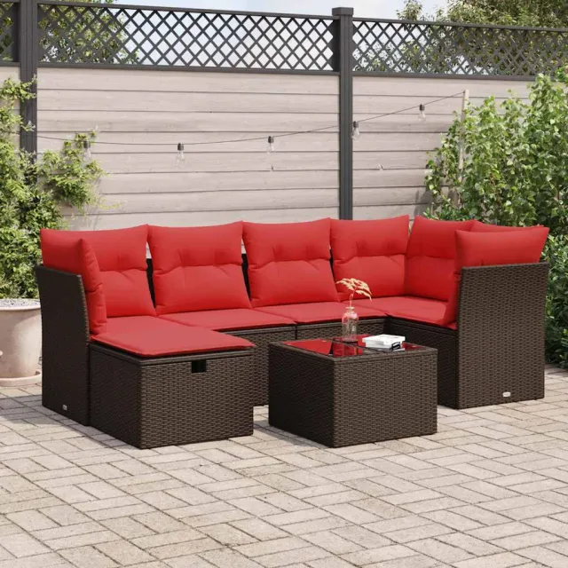 vidaXL 7-delige Loungeset met kussens poly rattan bruin, foto 2