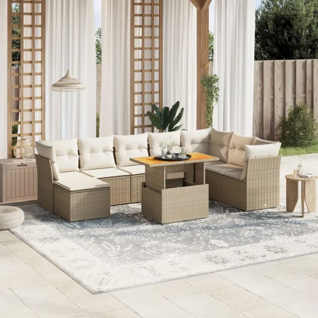 vidaXL 9-delige Loungeset met kussens poly rattan beige, foto 2