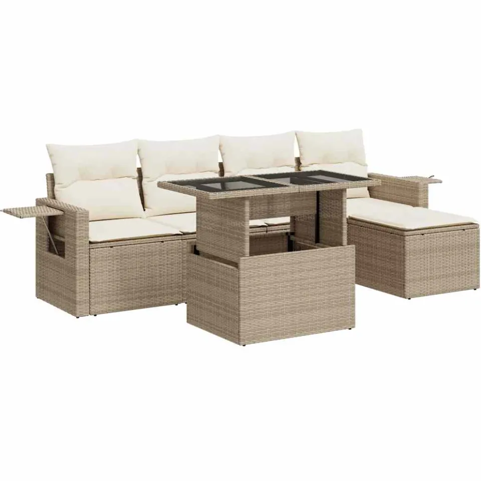 vidaXL 6-delige Loungeset met kussens poly rattan beige, foto 3
