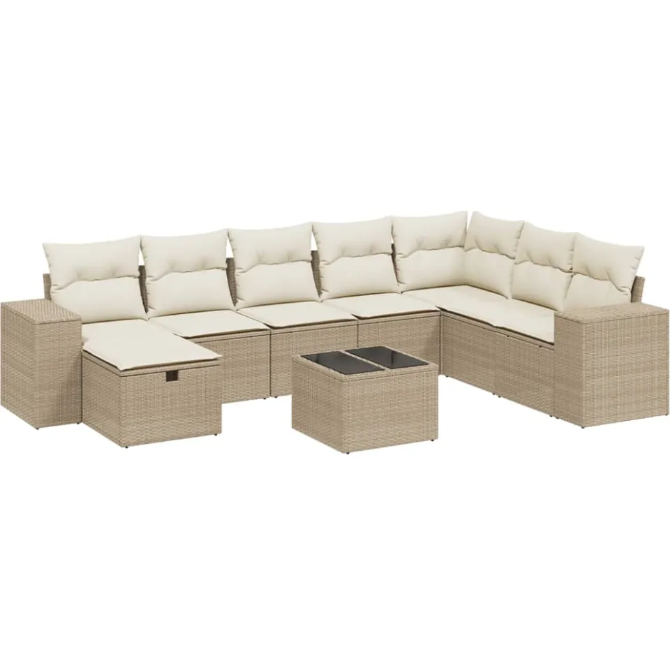 vidaXL 9-delige Loungeset met kussens poly rattan beige