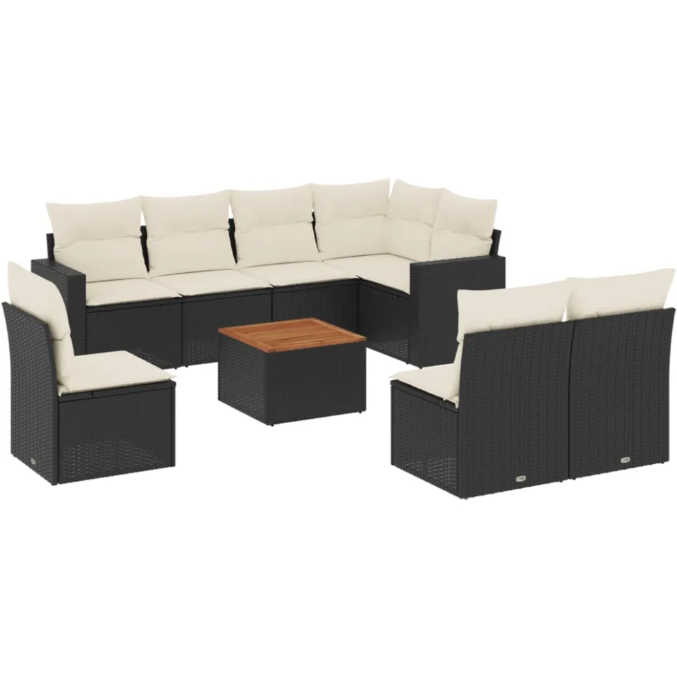 vidaXL 9-delige Loungeset met kussens poly rattan zwart
