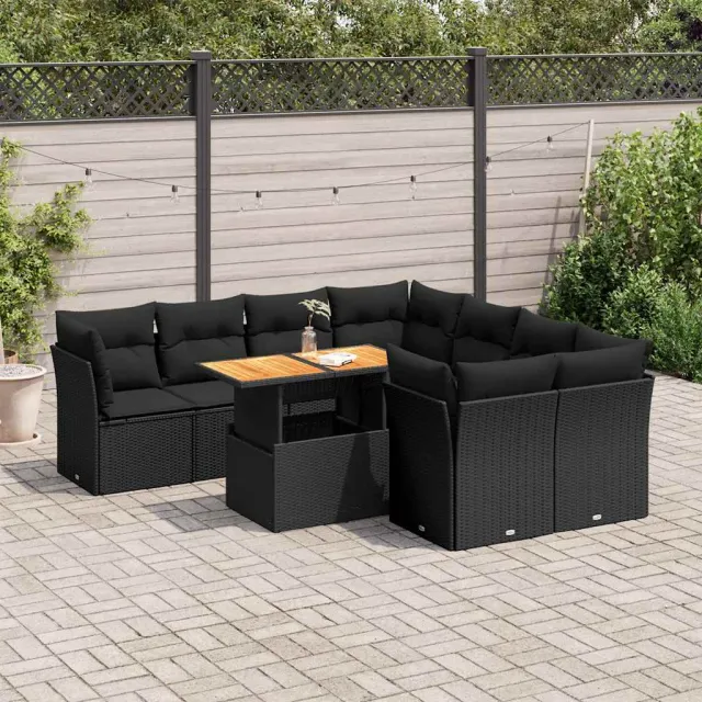 vidaXL 9-delige Loungeset met kussens poly rattan zwart, foto 2