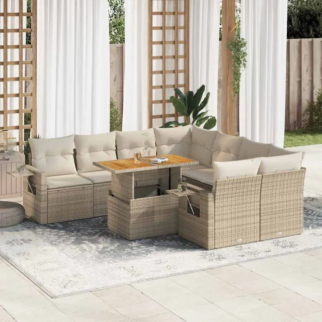 vidaXL 9-delige Loungeset met kussens poly rattan beige, foto 2
