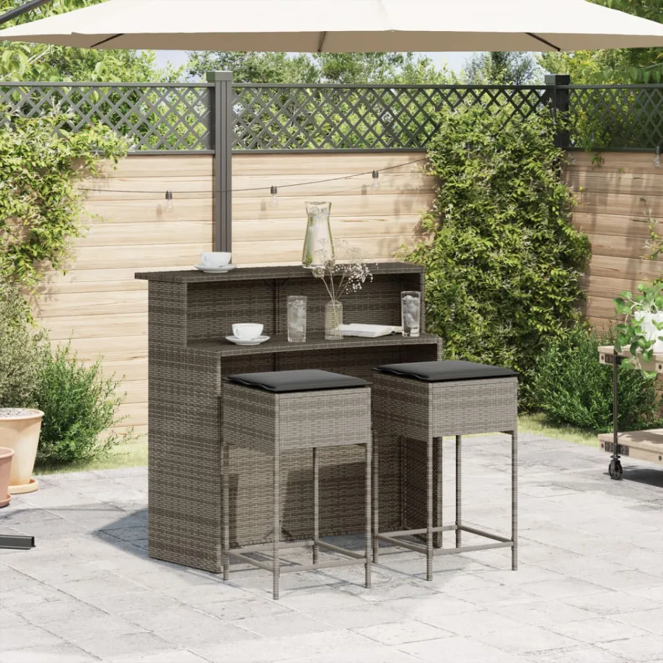 vidaXL 3-delige Tuinbarset met kussens poly rattan grijs, foto 2