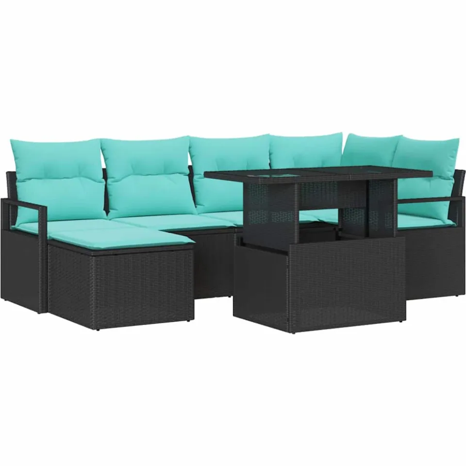 vidaXL Tuin Sofa Set 7 st Zwart en Blauw Poly riet, foto 4