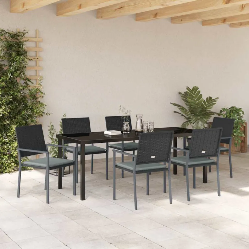 vidaXL Tuin eettafelset 7 st Zwart en Licht Grijs PE Rattan, foto 3