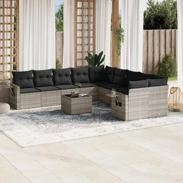 vidaXL 11-delige Loungeset met kussens poly rattan lichtgrijs grijs