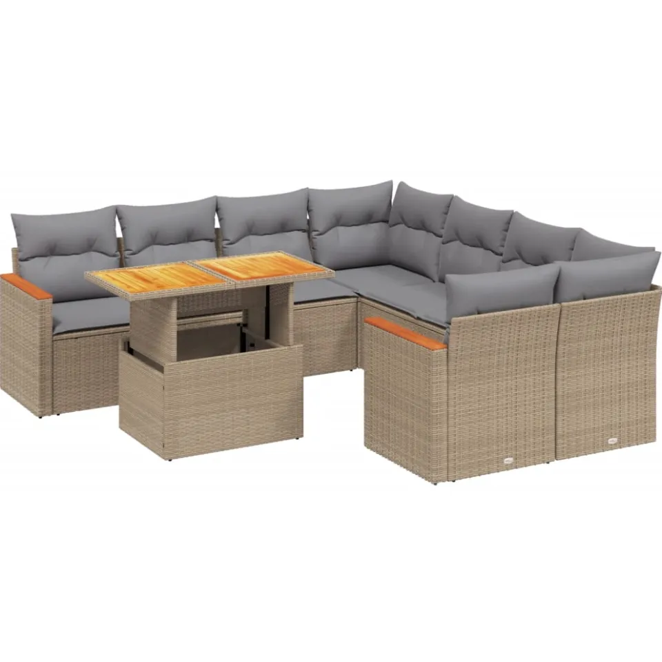 vidaXL 9-delige Loungeset met kussens poly rattan beige, foto 3