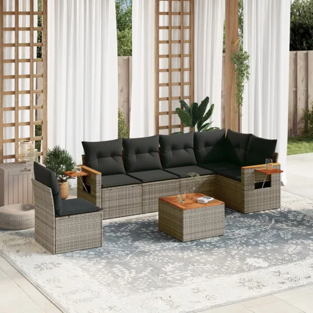 vidaXL 7-delige Loungeset met kussens poly rattan grijs, foto 2