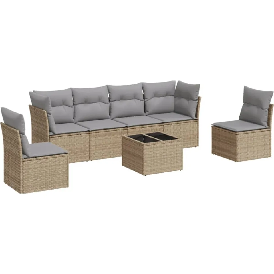 vidaXL 7-delige Loungeset met kussens poly rattan beige