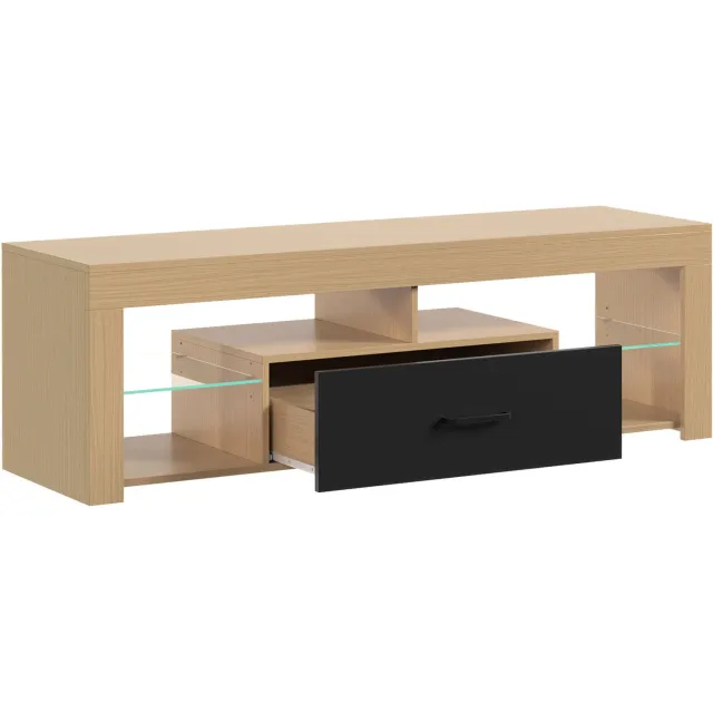 Homona TV-meubel - Met verstelbare glazen planken en lade - 140 x 40 x 45 cm - Eikenlook/Zwart Bruin