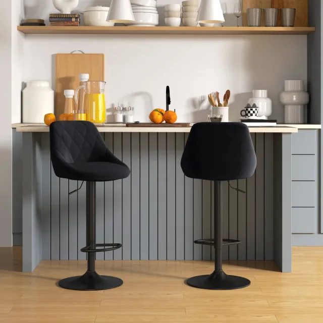 Wishdor Barkrukken Set Van 2 - In Hoogte Verstelbaar Met Draaibare Zitting - Met Rugleuning, Voetsteun En Ronde Voet - Voor Keukenbar En Restaurant - Polyester En Metaal - Zwart - 46 X 48 X 104 Cm