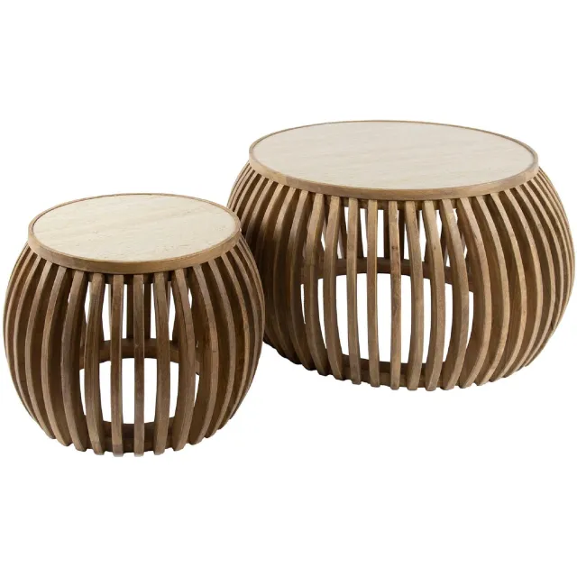 Nest of Nora Salontafel set - Ronde salontafels met curve - Set van 2 - Massief mangohout travertinlook Beige