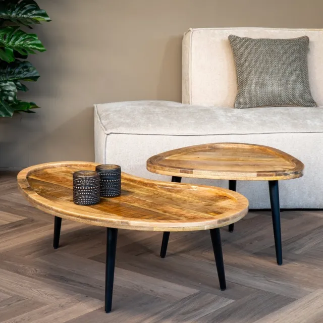 Mahom Mangohouten Organische Salontafels Mila Mahom - Set van 2 Industrieel - Kleine tafel van Mangohout & Metaal - Industriële Huiskamertafel Bruin