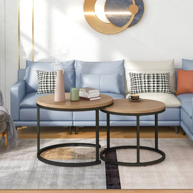 DESMIU Ronde Salontafel Set Van 2 Met Nestbaar Ontwerp En Marmerlook Blad Voor Woonkamer En Slaapkamer MDF Bruin 50 X 70,5 Cm Natuurlijk