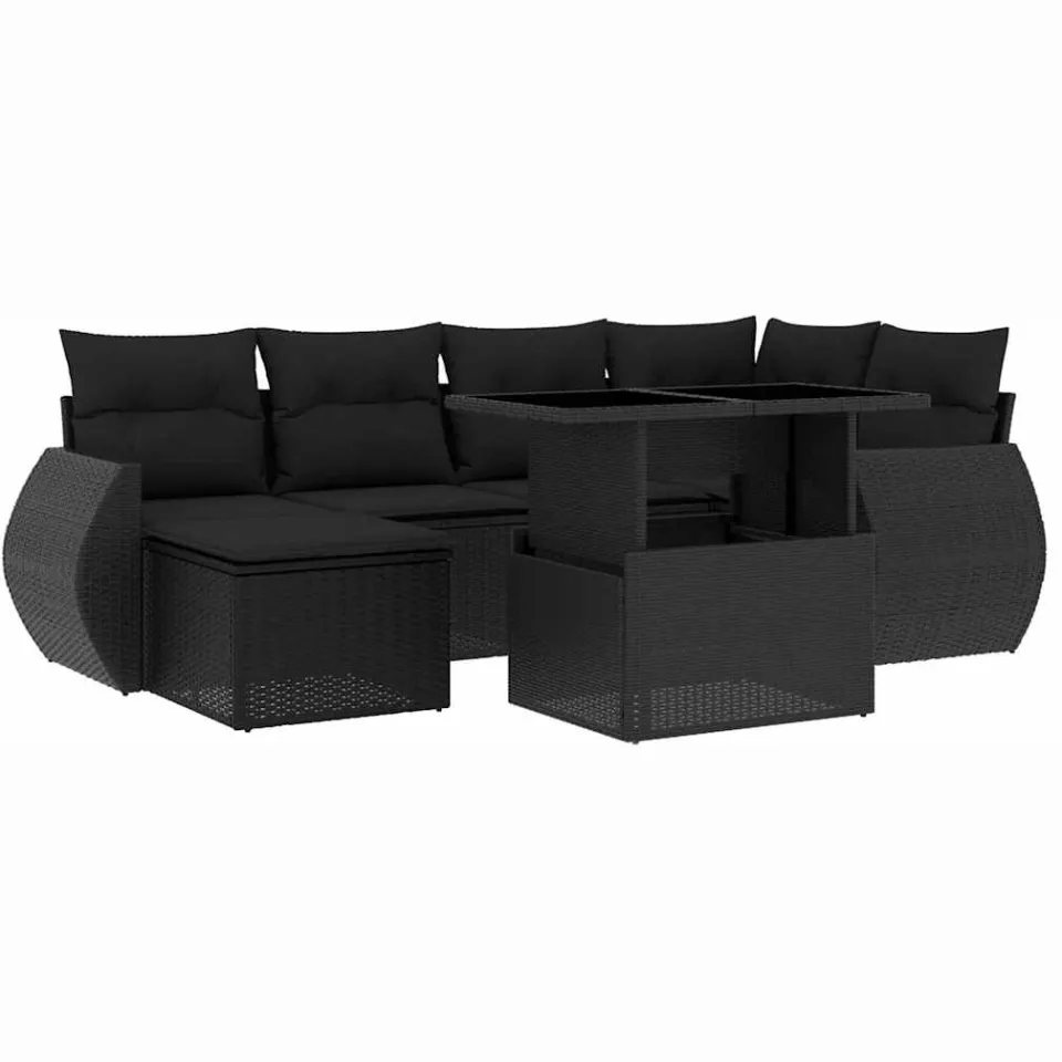 vidaXL 7-delige Loungeset met kussens poly rattan zwart