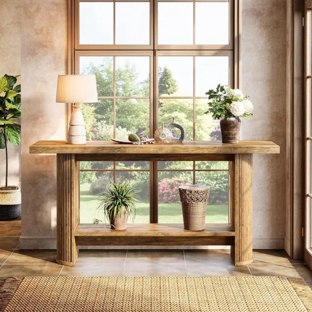 Tribesigns Sidetable - Consoletafe met Plank - Bruin - 140 x 30 x 80 cm - Console Tafel voor Hal, Woonkamer, Entree