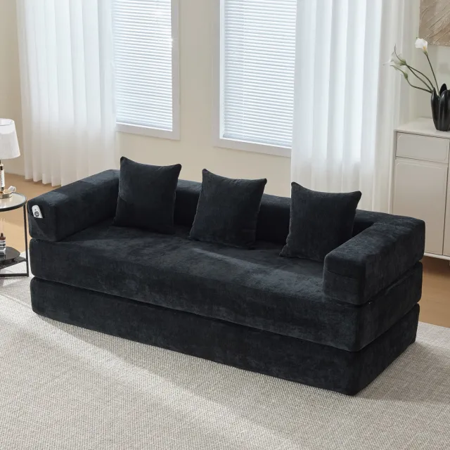 DESMIU Slaapbank 198 X 79 X 60 Cm - Modulair En Vrij Combineerbaar Met Zijvakken En Antislip Onderzijde - Voor Woonkamer En Speelruimte - Chenille Zwart