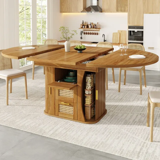MEUNIQ Uitrekbare eettafel 118-158 cm met opbergruimte en rattan lades, MDF en metaal, voor eetkamer en keuken, eiken