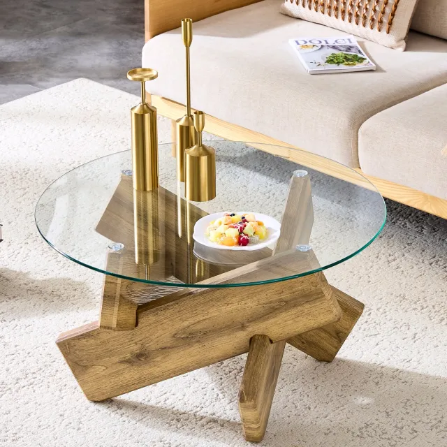 FloraGrace Salontafel - Rond Glazen Blad Met Kruisvormig Onderstel - Voor Woonkamer - MDF En Glas - 79 x 79 x 45 cm - Transparant En Houtkleur