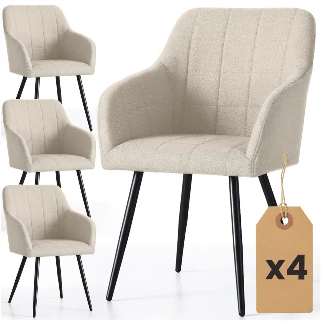 Akord Set van 4 Eetkamerstoelen LUXANO met Armleuningen / Gestoffeerde Stoelen en Metalen Poten / Lumos-stof / Beige met zwarte benen