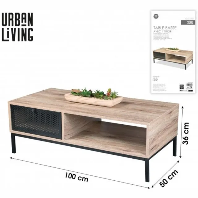 Urban Living "SOHO" SALONTAFEL VAN HOUT MET ZWARTE METALEN ROOSTER 100×50×H36 CM beige