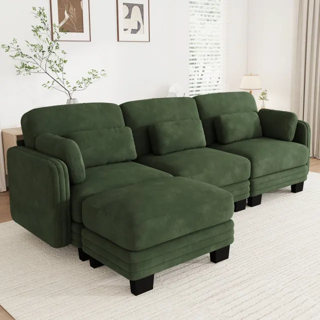 STILVORA Hoekbank 253 cm - Modulaire 3-Zits Met Hocker En Verplaatsbare Kussens - Voor Woonkamer En Appartement - Chenille - Groen