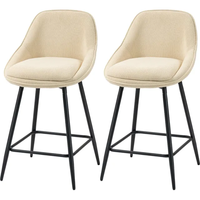 Hoohohoo Set van 2 barstoelen van corduroy fluweelstof -Met Gebogen Rugleuning En Voetensteun - Beige