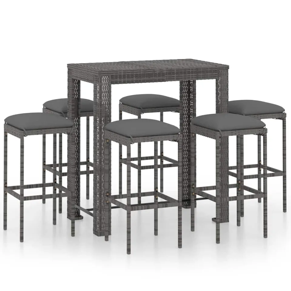 vidaXL 7-delige Tuinbarset met kussens poly rattan grijs, foto 3
