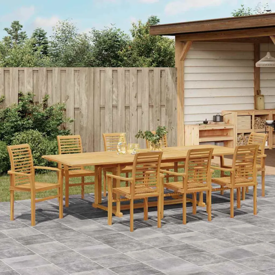 vidaXL Tuin eettafelset 9 st 280 x 100 x 75 cm Massief Teakhout bruin, foto 3