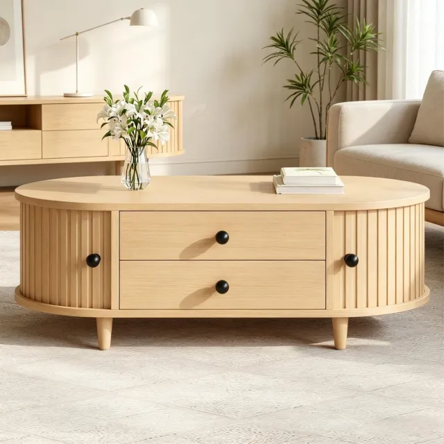 MODFU Salontafel - Rolltüren - 2 Lades - Houtlook - Natuurlijk Hout Natural Wood