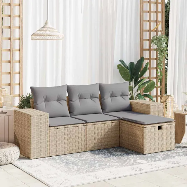 vidaXL 4-delige Loungeset met kussens poly rattan beige, foto 2